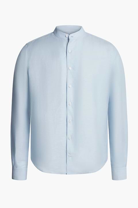 Wool Linen Shirt Mandarin Collar Foggy Blue - Base Image