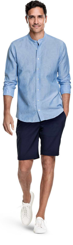 Wool Linen Shirt Mandarin Collar Sky Blue