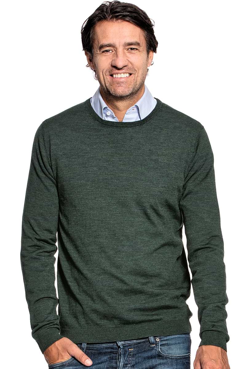 Crew neck sweater for men made of Merino wool in Dark green