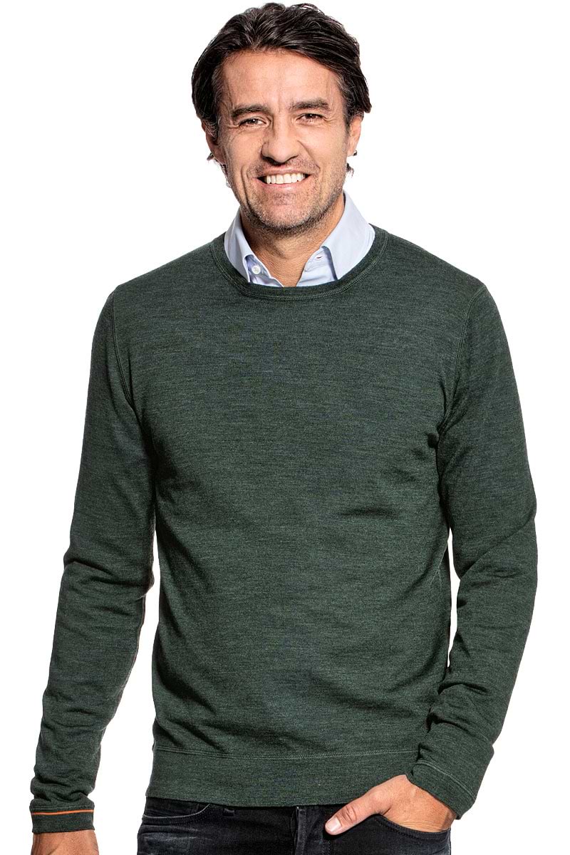 Ronde hals pullover voor mannen gemaakt van merinowol in het Donkergroen