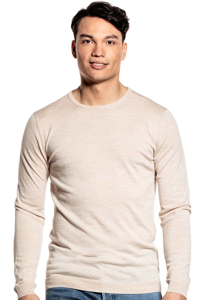 Extra long crew neck sweater for men made of Merino wool in Beige