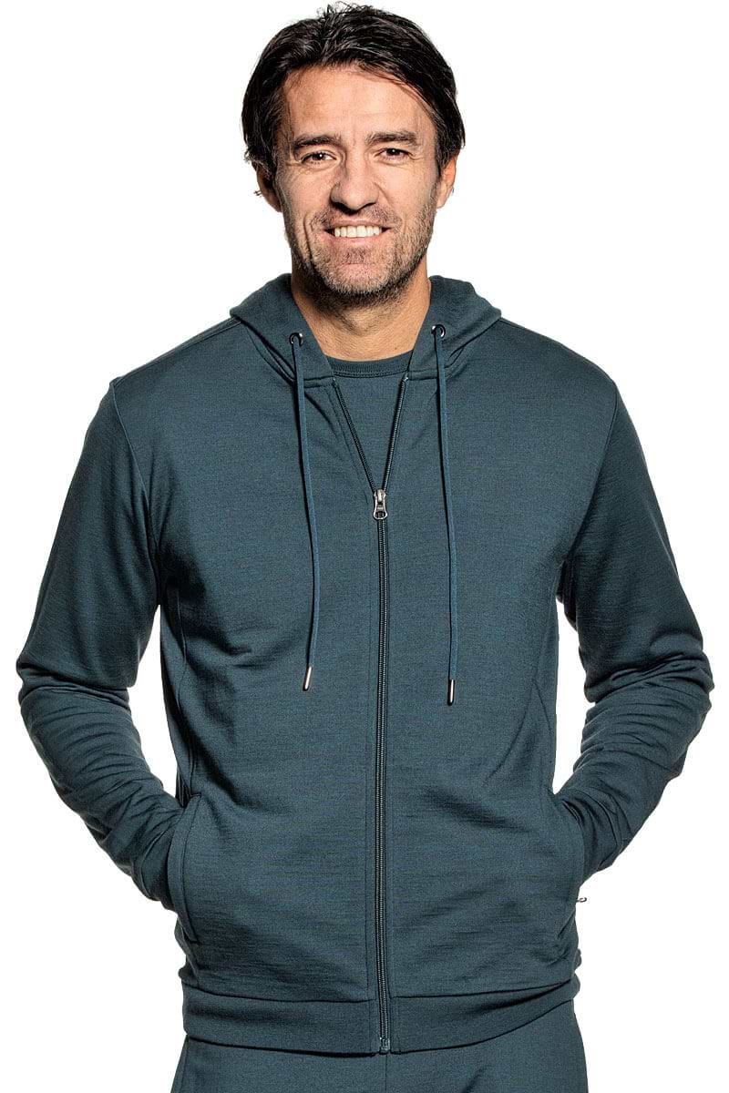 Hoodie vest voor mannen gemaakt van merinowol in het Blauwgroen