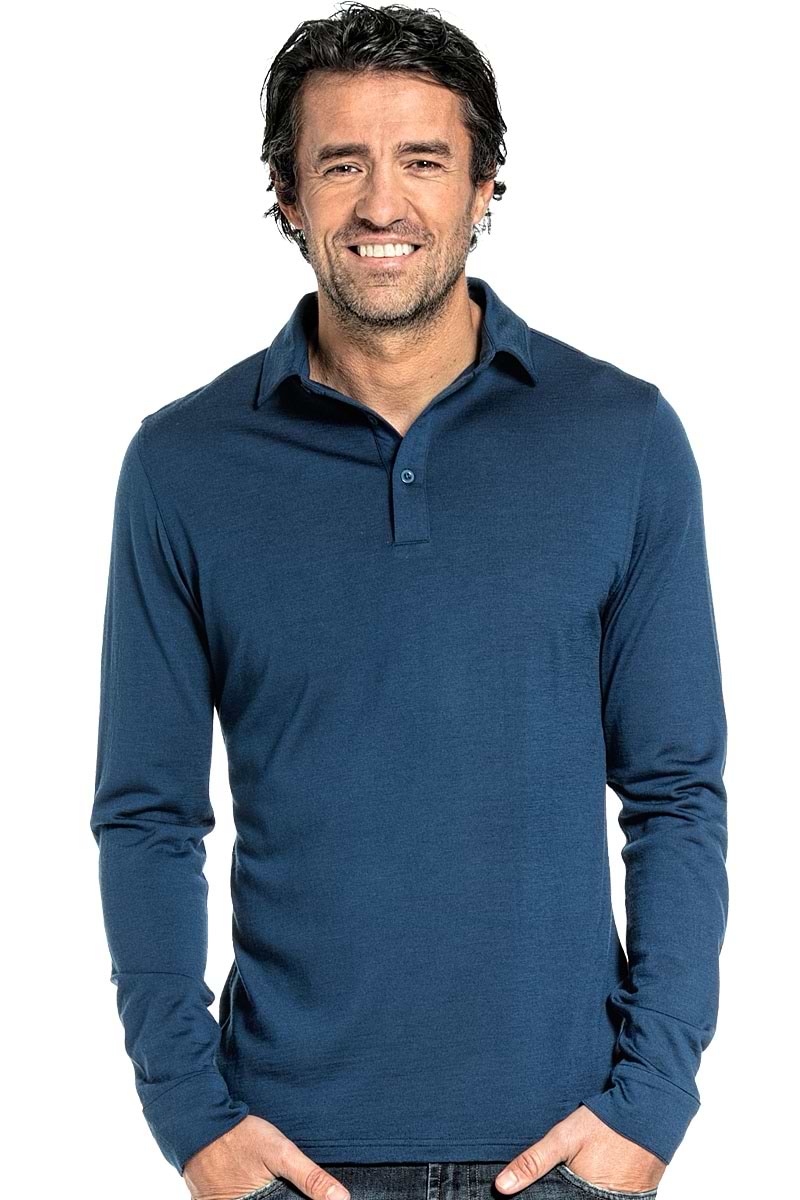 Poloshirt lange mouw voor mannen gemaakt van merinowol in het Helderblauw