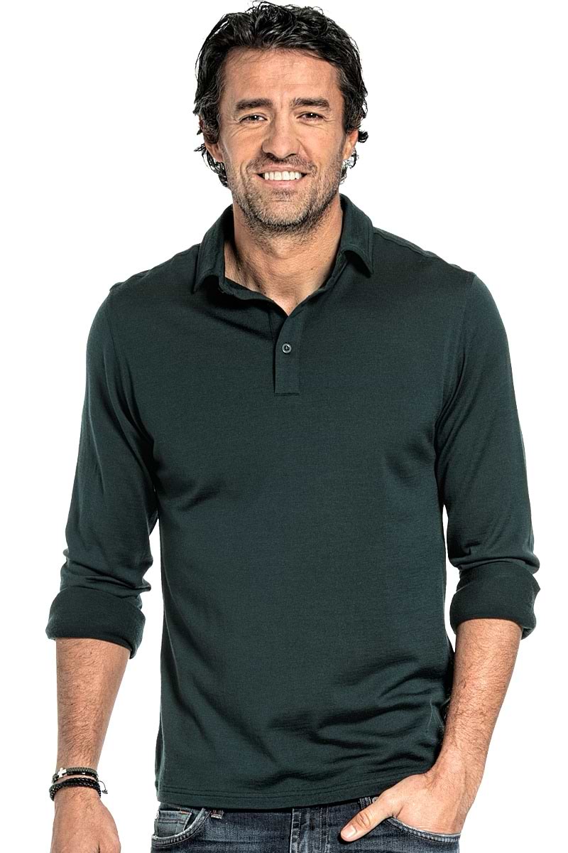 Shirt Polo Long Sleeve voor mannen gemaakt van merinowol in het Donkergroen