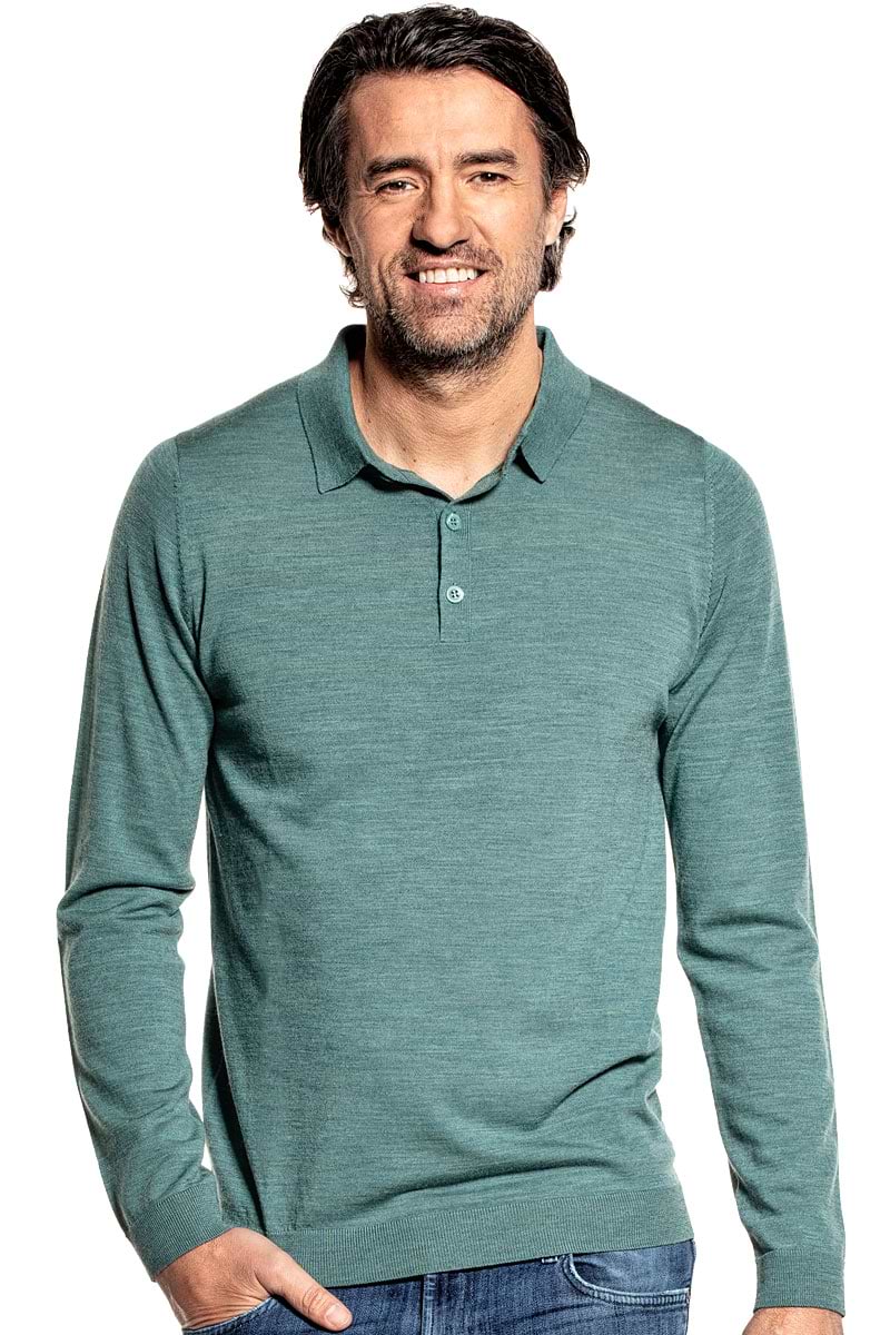 Poloshirt Langarm für Herren aus Merinowolle in Hellgrün