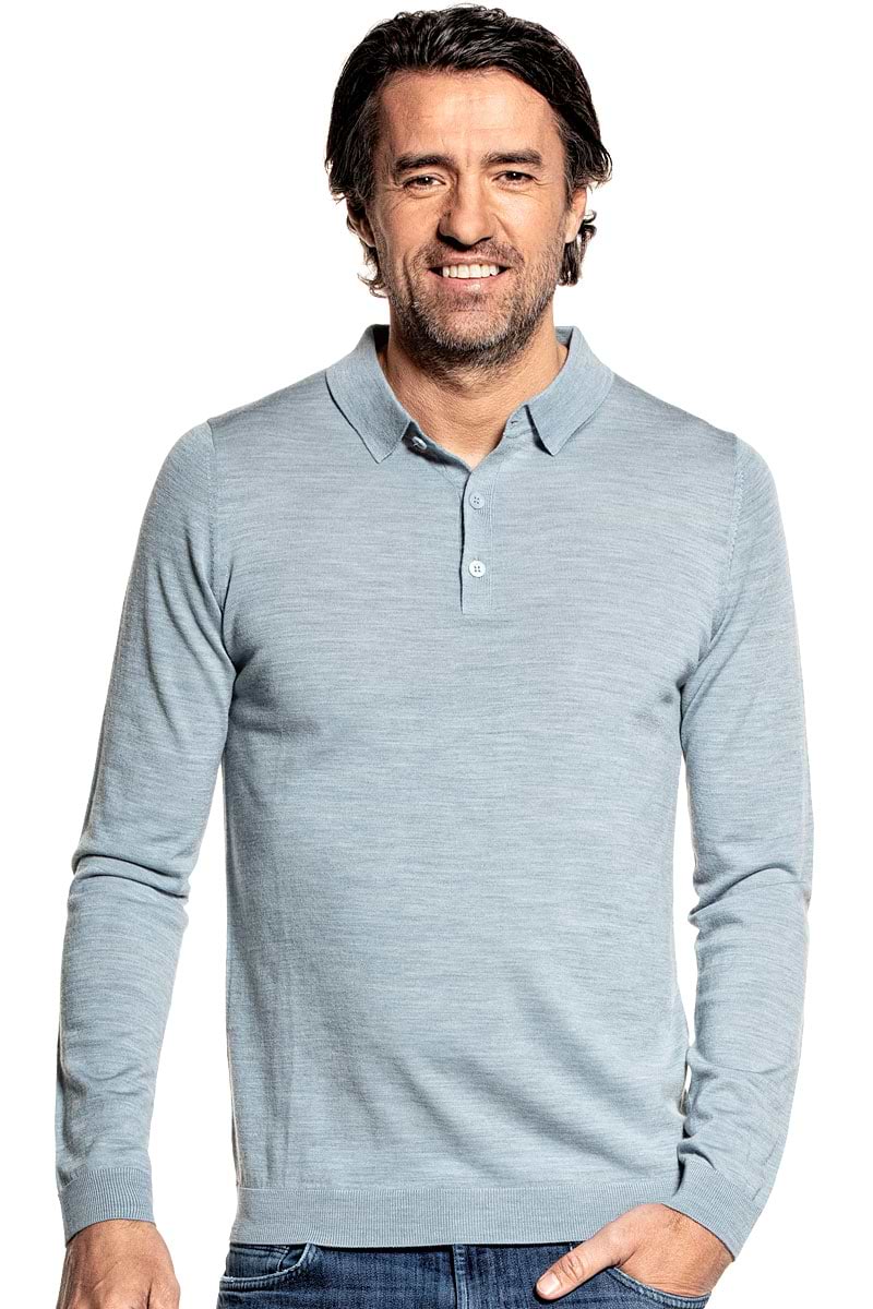 Polo met lange mouwen voor mannen gemaakt van merinowol in het Lichtblauw