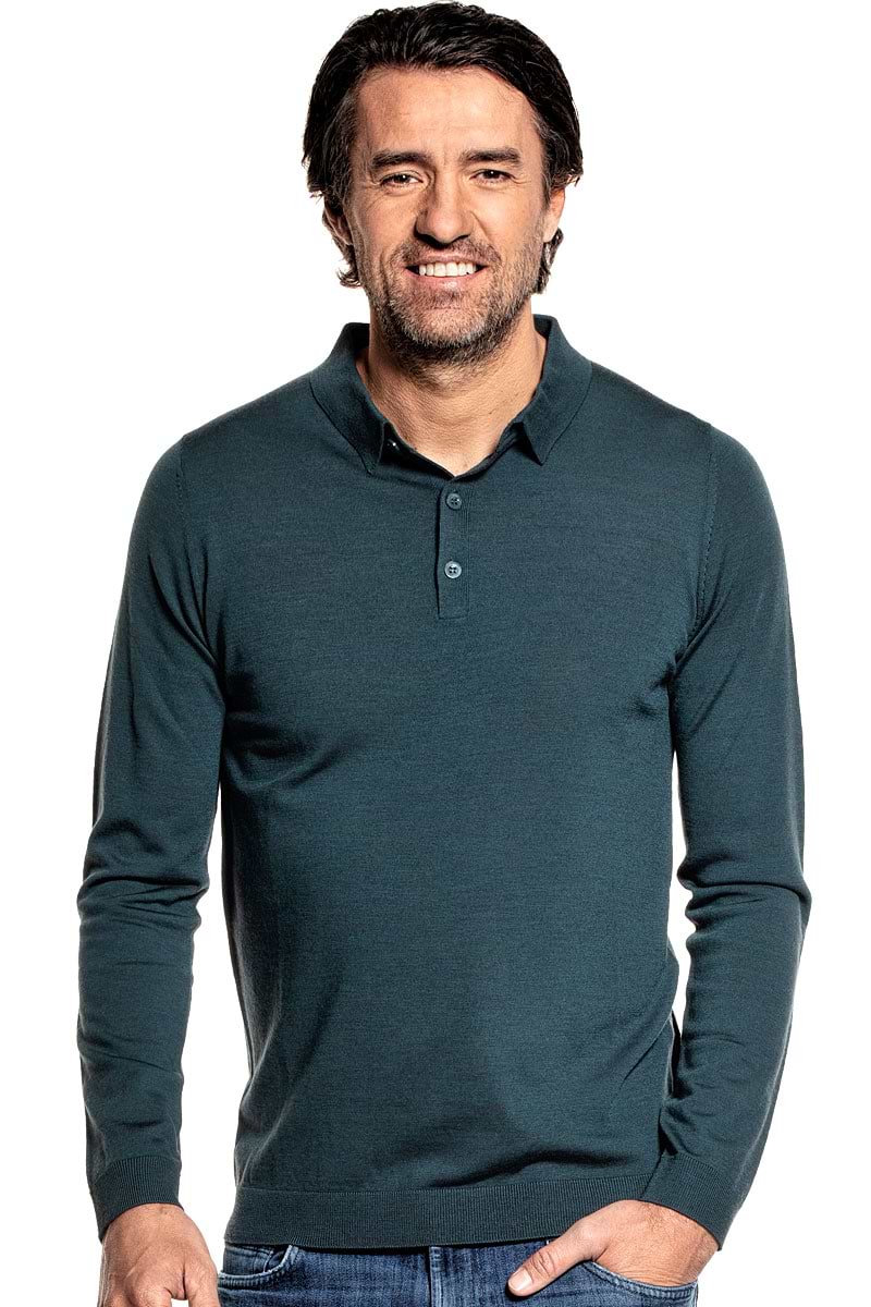 Poloshirt Langarm für Herren aus Merinowolle in Blaugrün