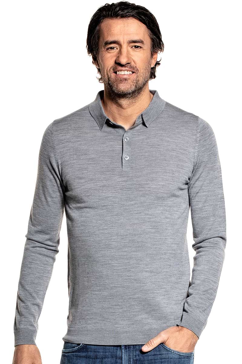 Poloshirt Langarm für Herren aus Merinowolle in Grau