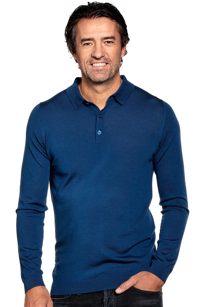 Polo met lange mouwen voor mannen gemaakt van merinowol in het Helderblauw