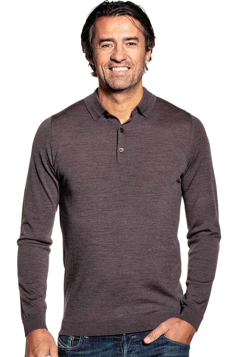 Poloshirt Langarm für Herren aus Merinowolle in Braun