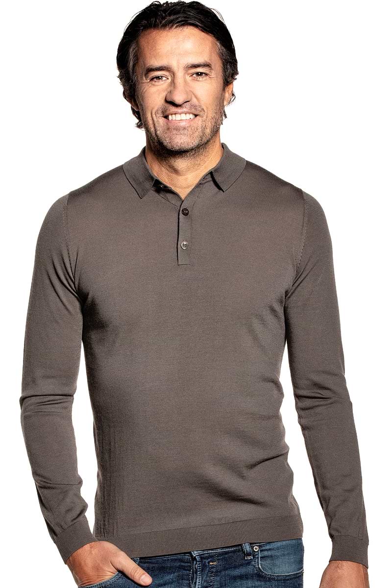 Poloshirt Langarm für Herren aus Merinowolle in Grün