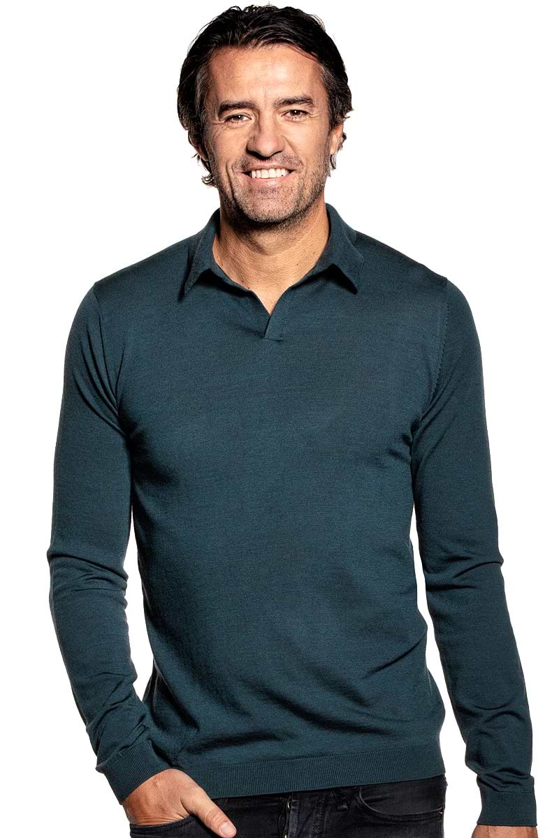 Poloshirt Langarm für Herren aus Merinowolle in Blaugrün