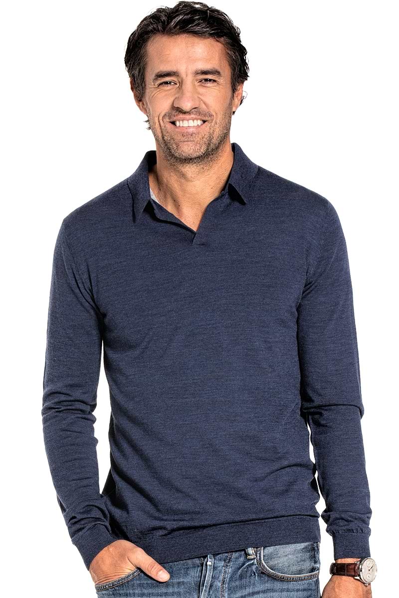 Polo lange mouw zonder knopen voor mannen gemaakt van merinowol in het Blauw