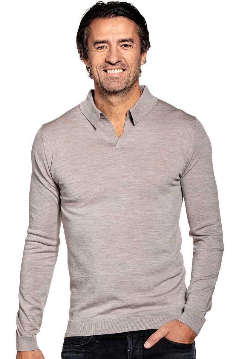 Polo long sleeve without buttons for men made of Merino wool in Beige