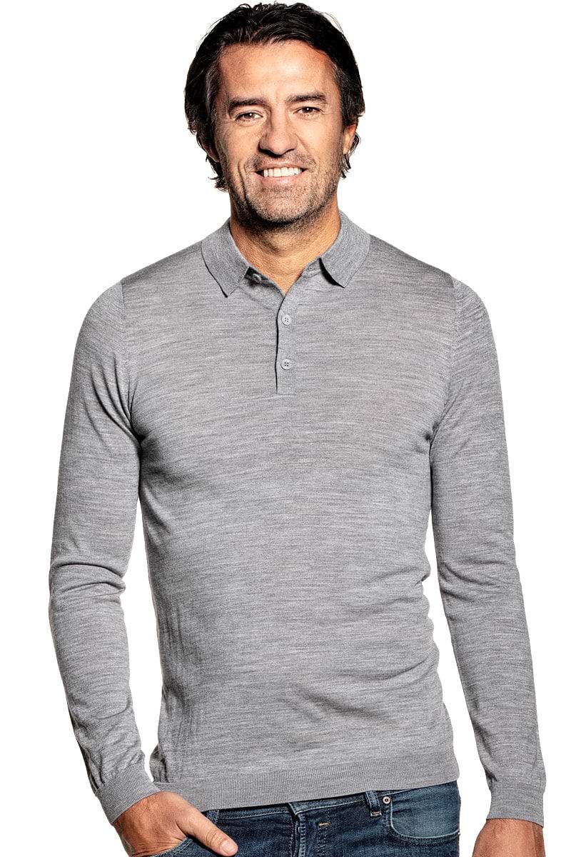 Poloshirt Langarm für Herren aus Merinowolle in Grau