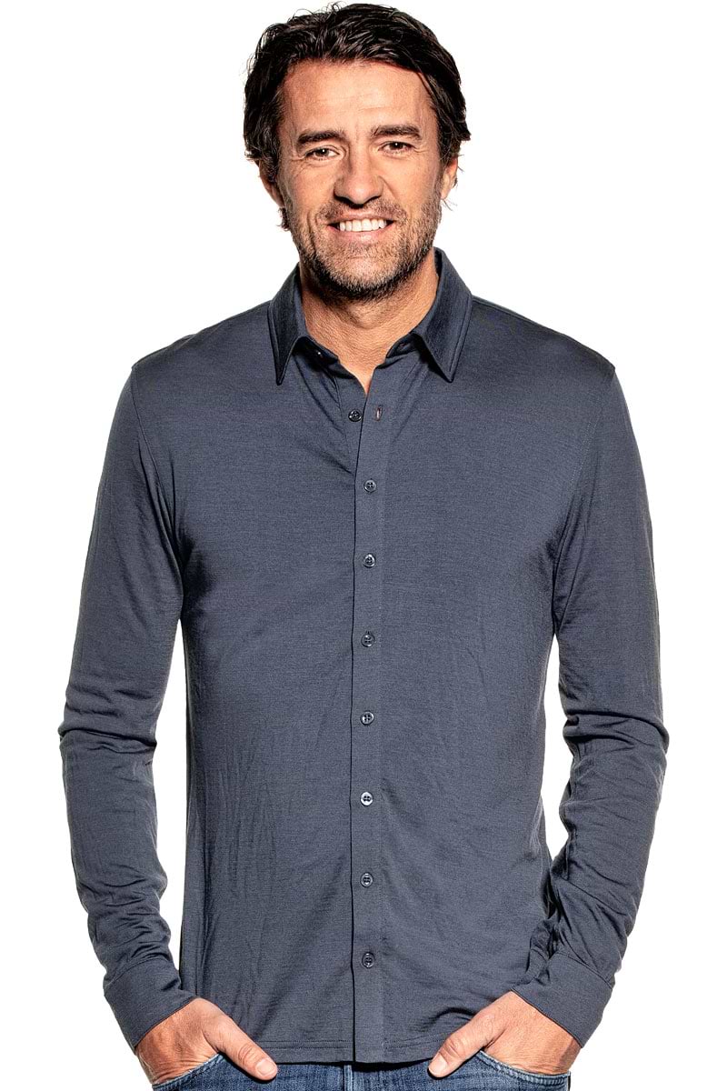 Shirt Button Up voor mannen gemaakt van merinowol in het Grijsblauw