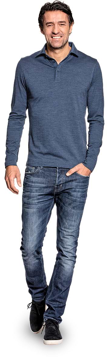 Poloshirt lange mouw voor mannen gemaakt van merinowol in het Blauw