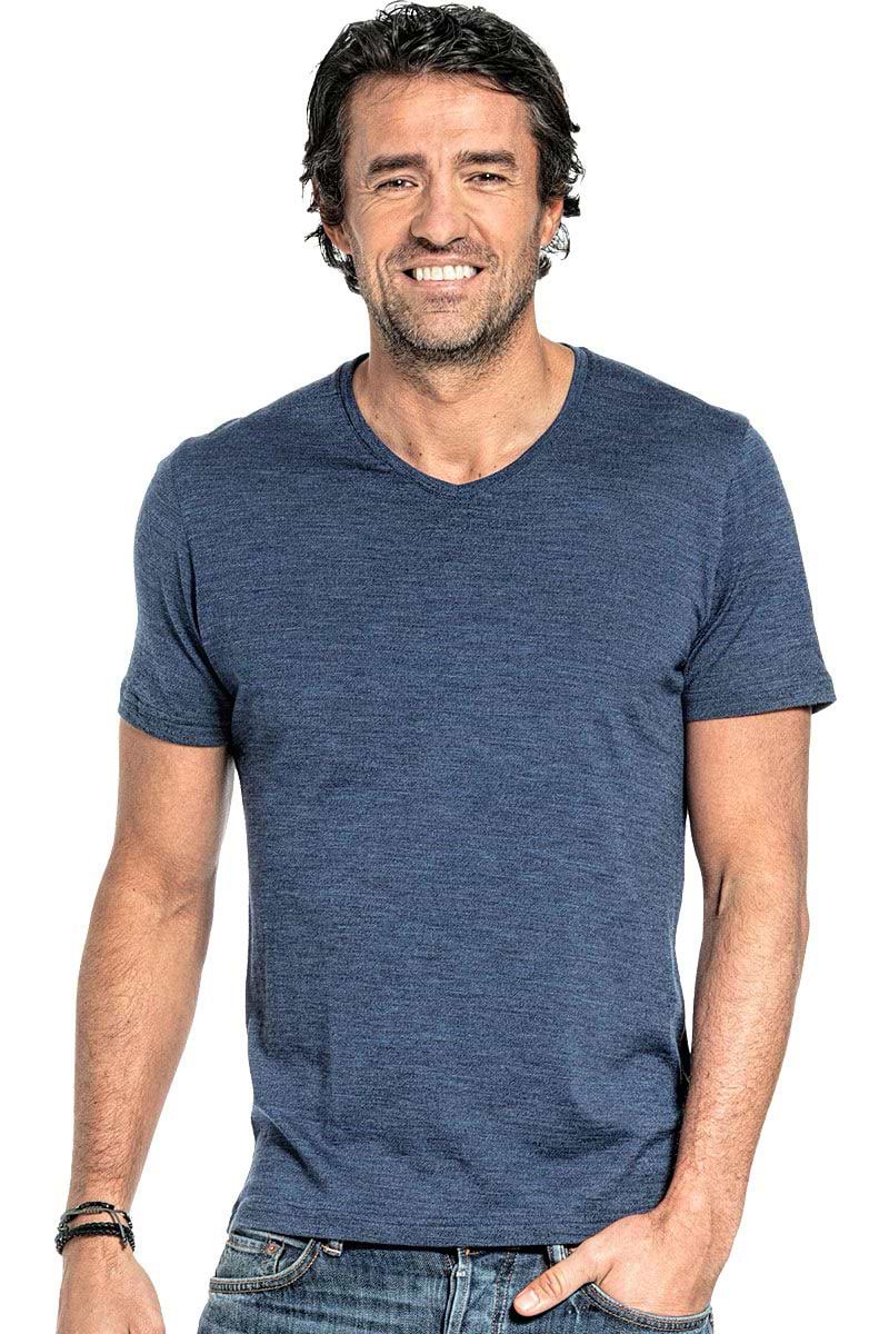 Shirt V-neck voor mannen gemaakt van merinowol in het Blauw