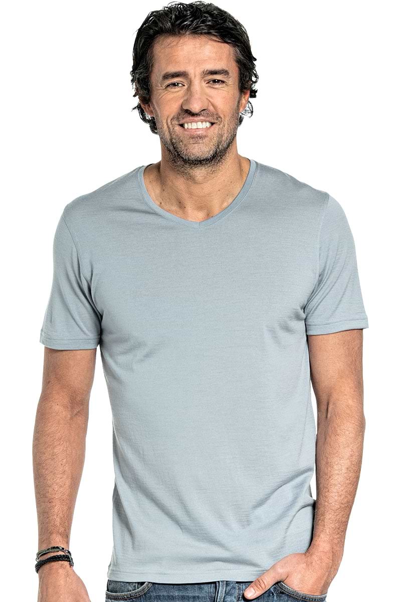 Shirt V-neck voor mannen gemaakt van merinowol in het Grijsblauw