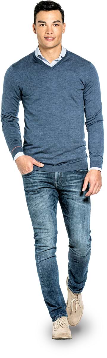 V-neck Extra Long voor mannen gemaakt van merinowol in het Blauwgrijs