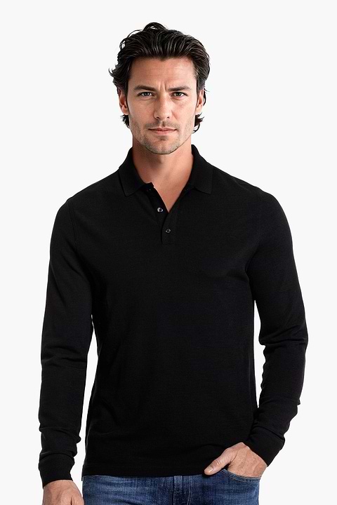 Blue Label Polo Pique Long Sleeve Deep Black - Base Image