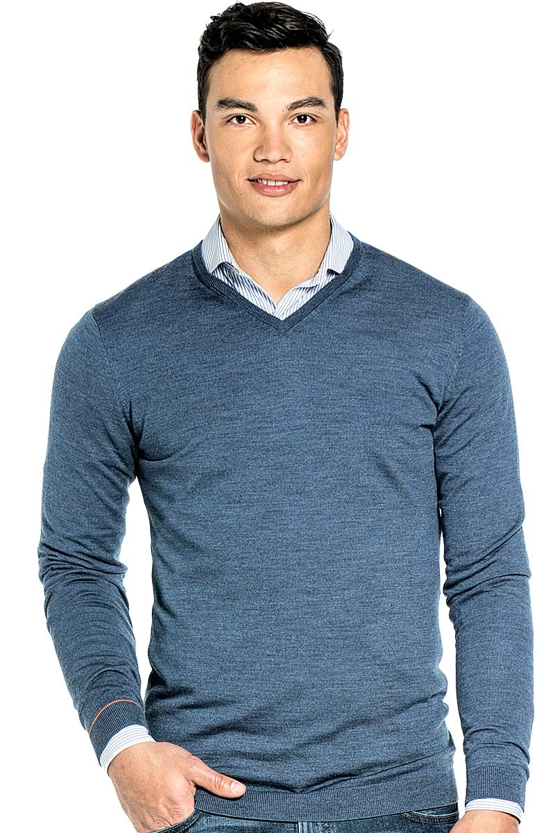 V-neck Extra Long voor mannen gemaakt van merinowol in het Blauwgrijs