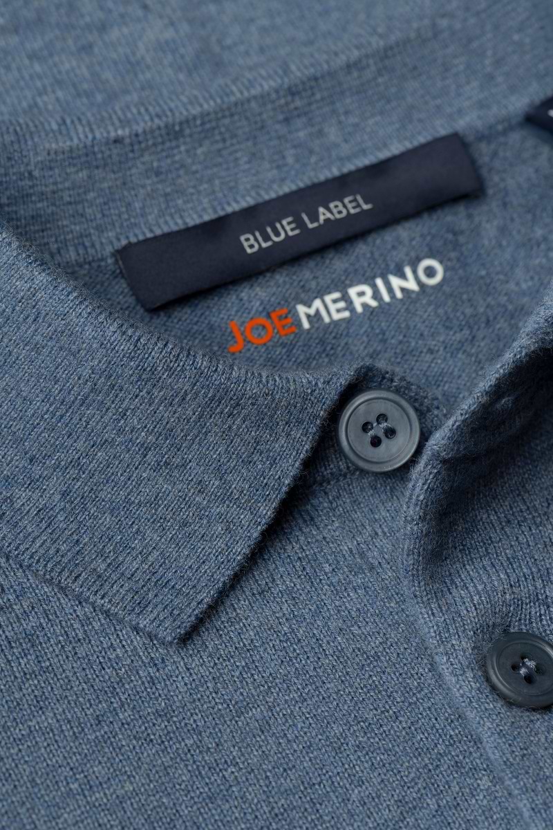Blue Label Merino Cashmere Polo Long Sleeve Mid Blue