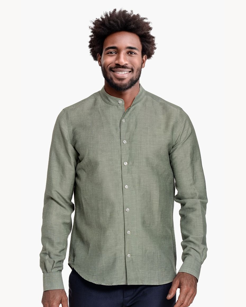 Wool Linen Shirt Mandarin Collar Clouded Green