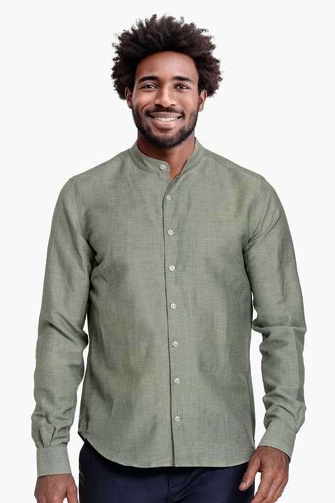 Wool Linen Shirt Mandarin Collar Clouded Green - Base Image