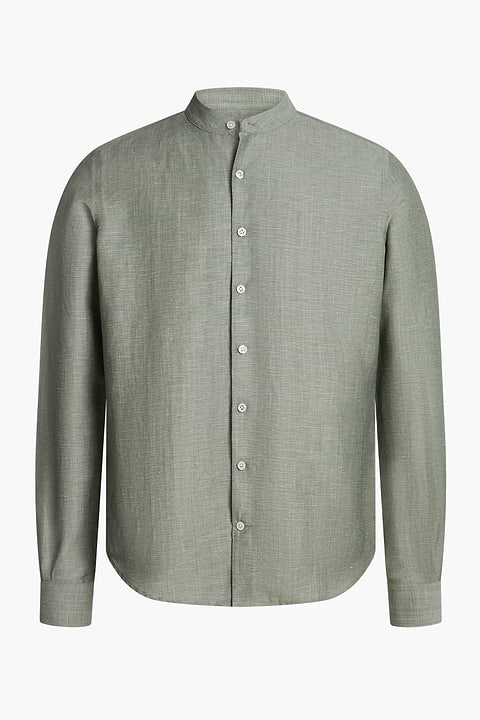 Wool Linen Shirt Mandarin Collar Clouded Green - Base Image