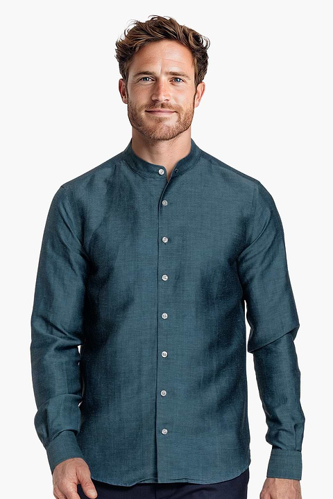 Wool Linen Shirt Mandarin Collar Deep Petrol - Base Image