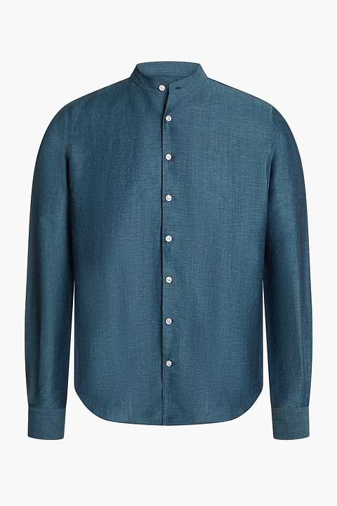 Wool Linen Shirt Mandarin Collar Deep Petrol - Base Image