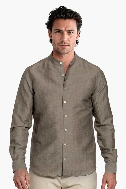 Wool Linen Shirt Mandarin Collar Desert Clay - Base Image