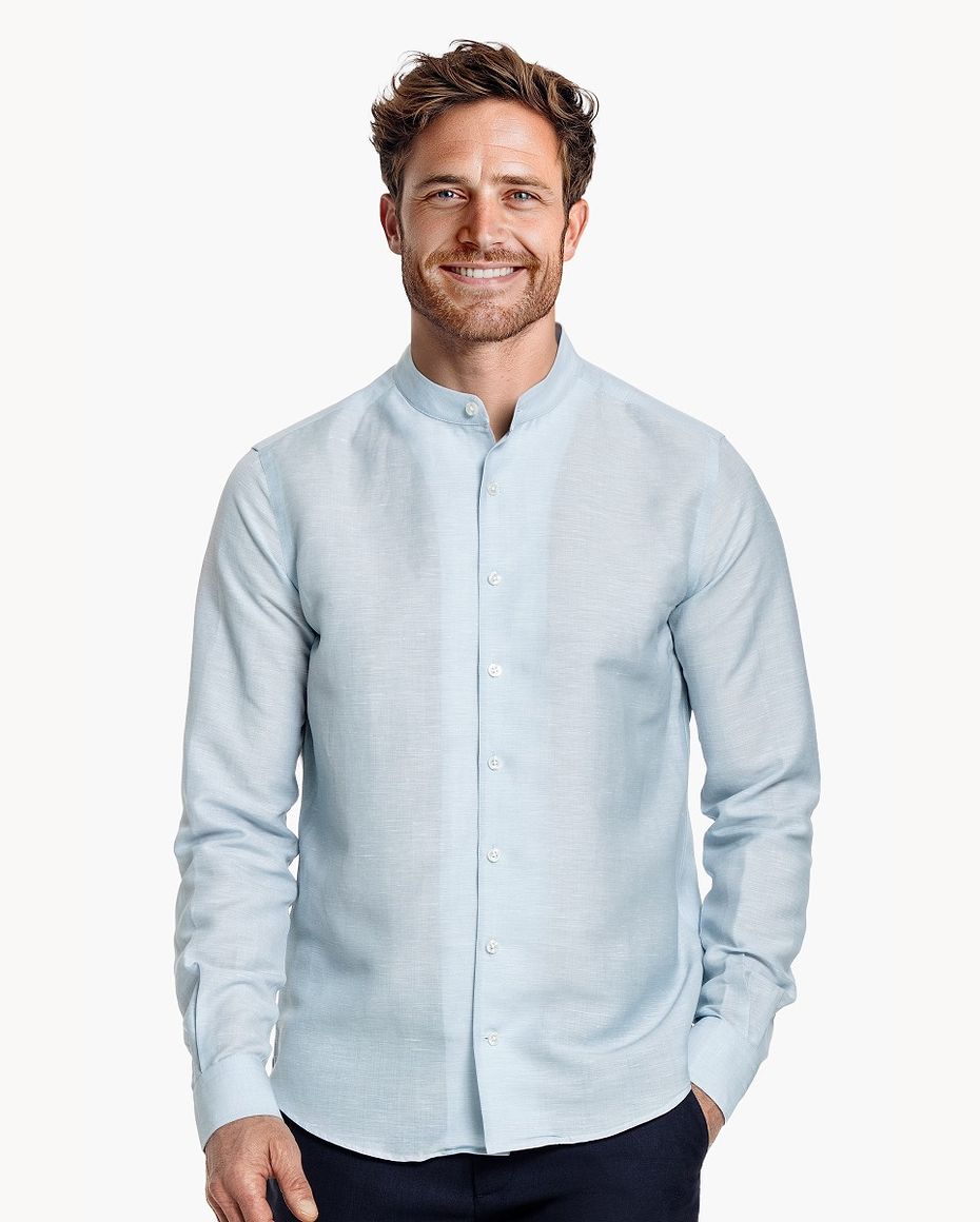 Wool Linen Shirt Mandarin Collar Foggy Blue