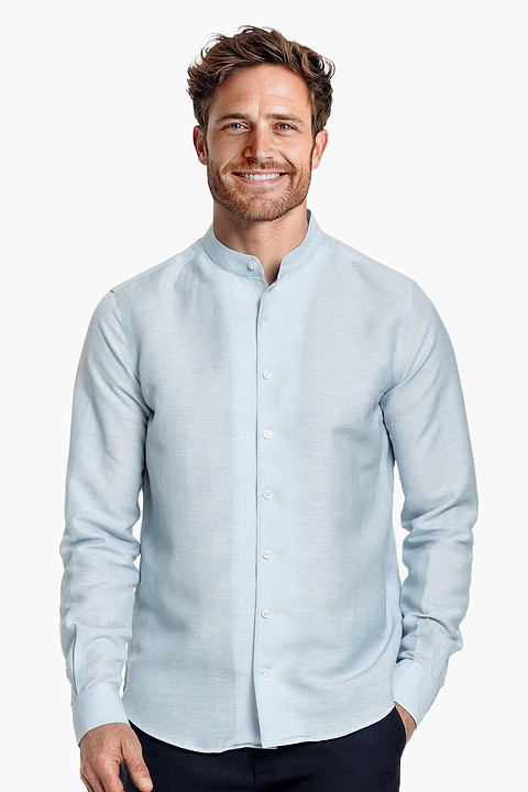 Wool Linen Shirt Mandarin Collar Foggy Blue - Base Image