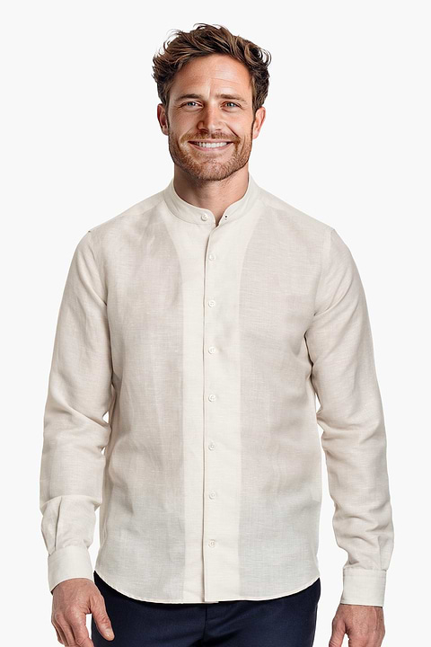 Wool Linen Shirt Mandarin Collar Light Beige - Base Image