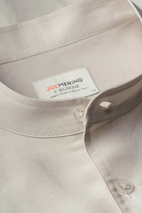 Wool Linen Shirt Mandarin Collar Light Beige - Base Image