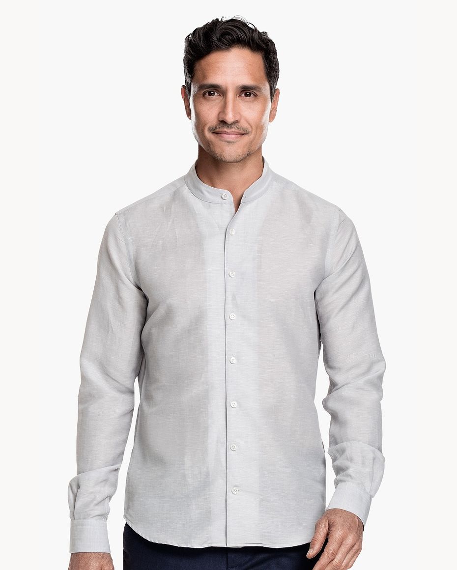 Wool Linen Shirt Mandarin Collar Light Iron
