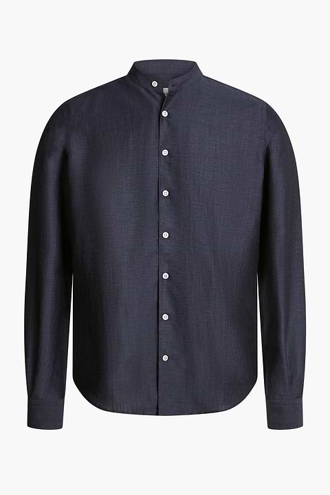 Wool Linen Shirt Mandarin Collar Midnight Blue - Base Image