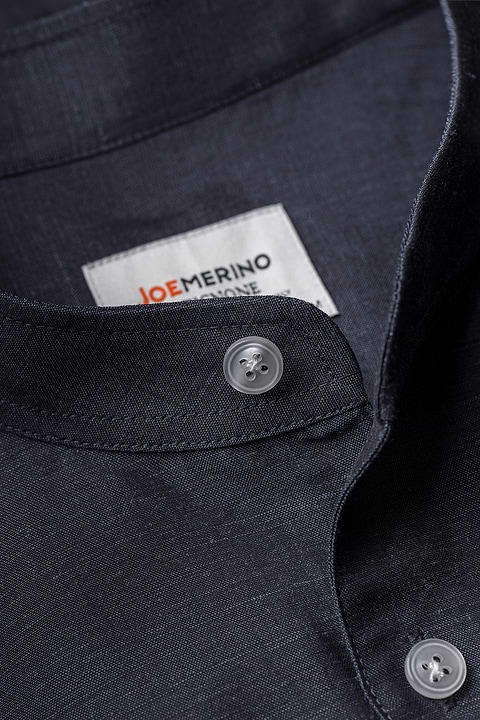 Wool Linen Shirt Mandarin Collar Midnight Blue - Base Image