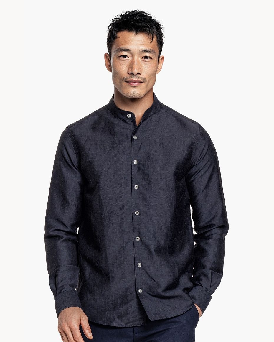Wool Linen Shirt Mandarin Collar Midnight Blue
