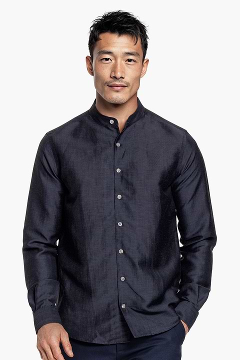 Wool Linen Shirt Mandarin Collar Midnight Blue - Base Image