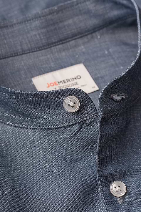 Wool Linen Shirt Mandarin Collar Raw Denim - Base Image