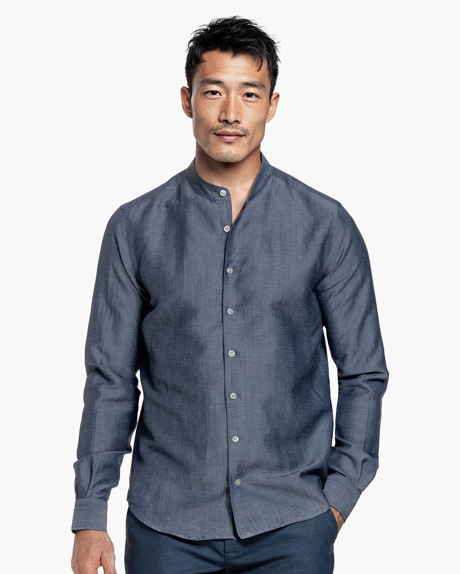 Wool Linen Shirt Mandarin Collar Raw Denim