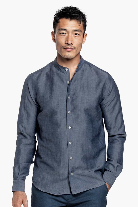 Wool Linen Shirt Mandarin Collar Raw Denim - Base Image