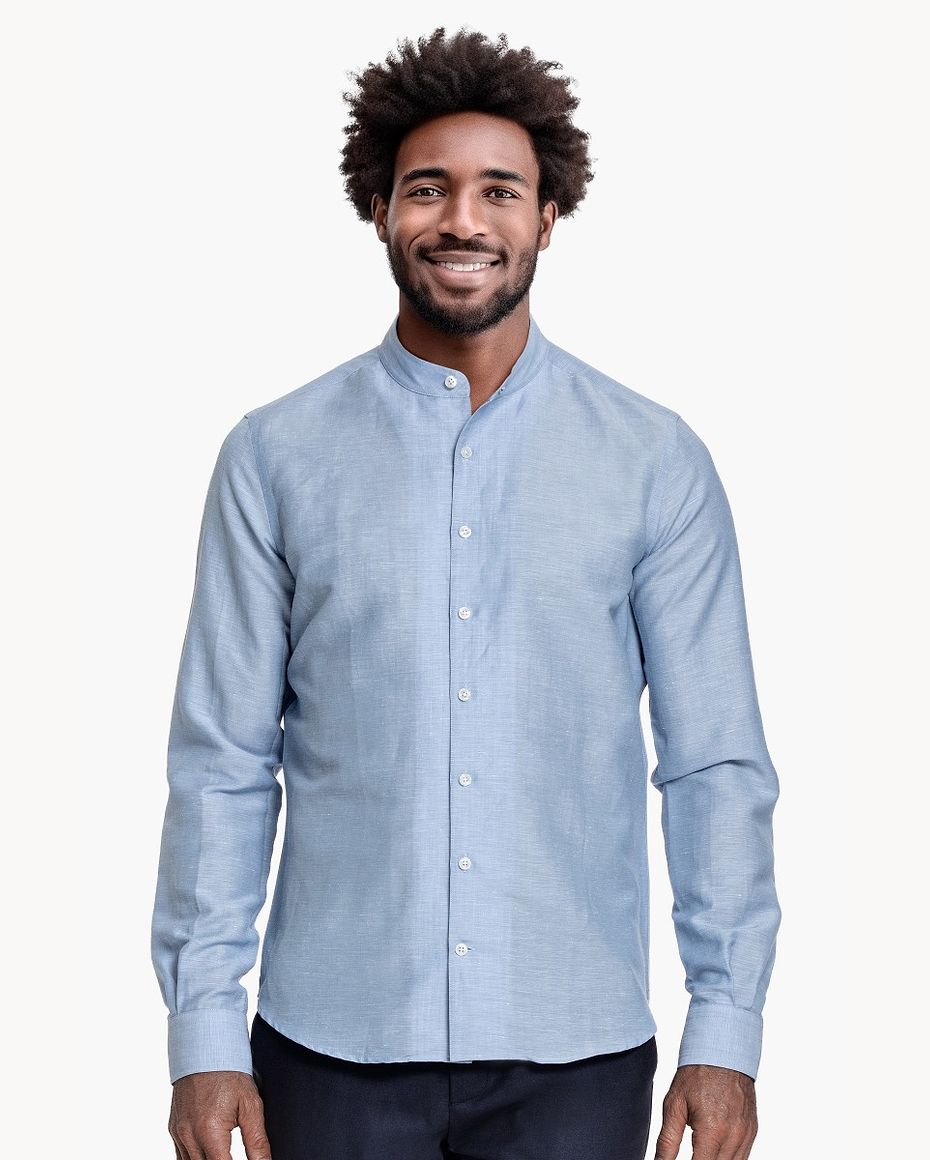 Wool Linen Shirt Mandarin Collar Sky Blue