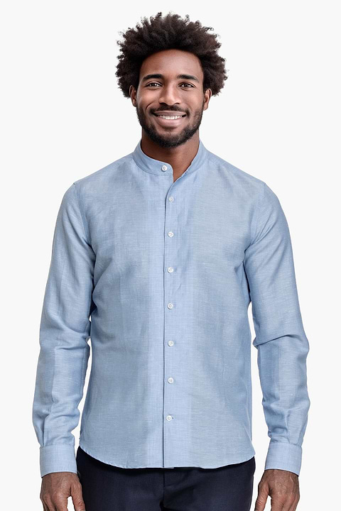 Wool Linen Shirt Mandarin Collar Sky Blue - Base Image
