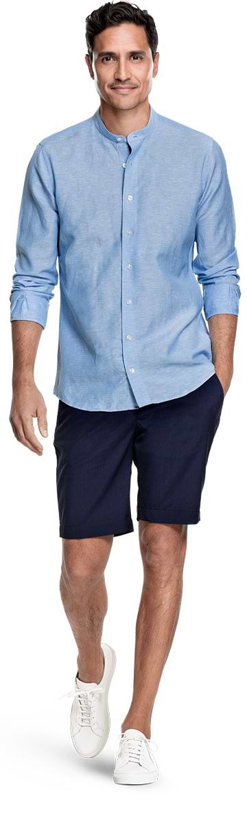 Wool Linen Shirt Mandarin Collar Sky Blue