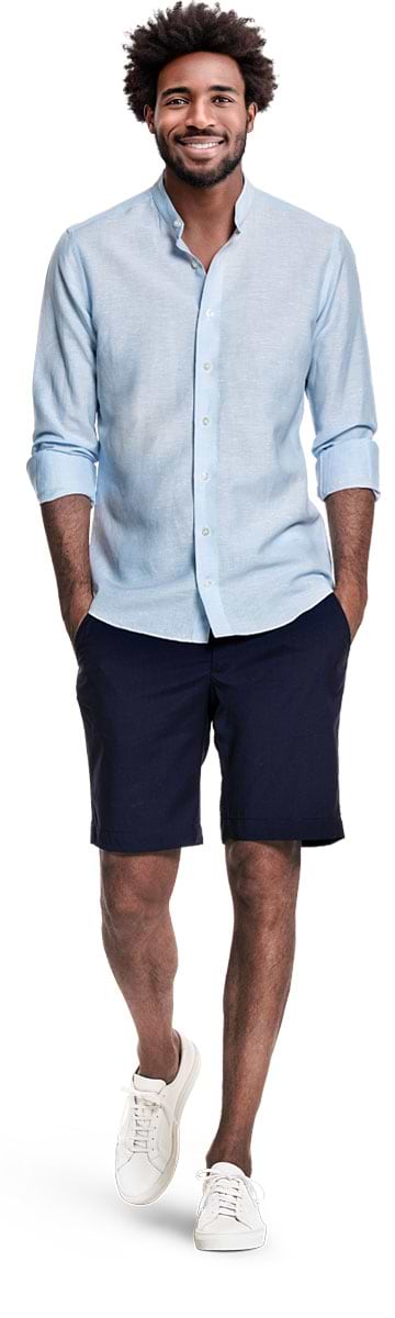 Wool Linen Shirt Mandarin Collar Foggy Blue