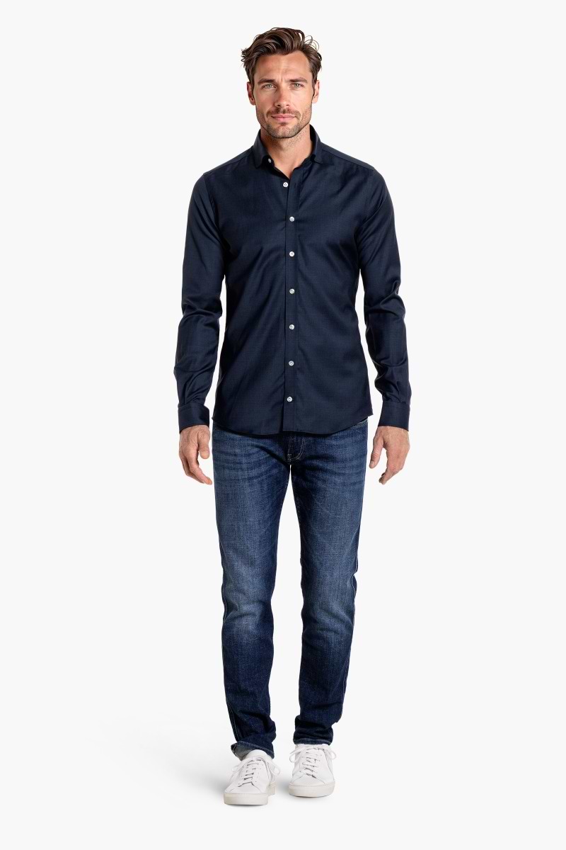 Woven Shirt Extra Long Navy Blue White Buttons